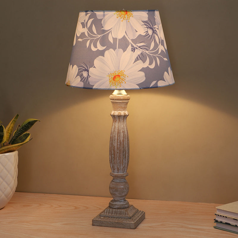 Daisy Blooms Sif Printed Mango Wood Table Lamp - White,Blue,Brown