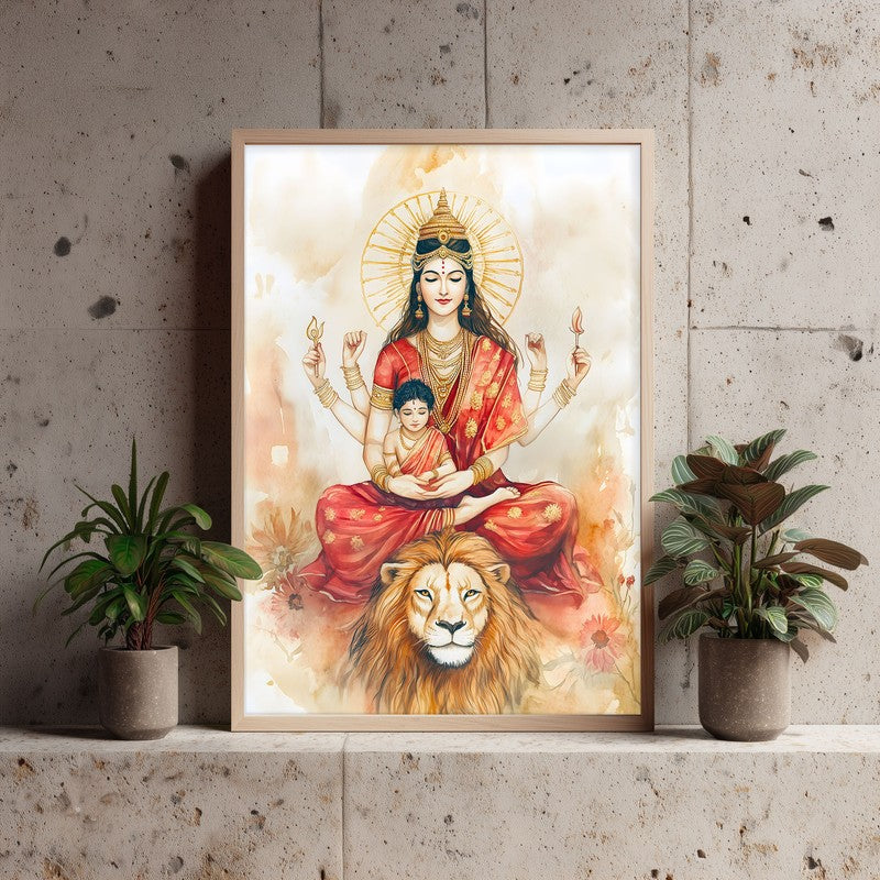 Simhavahini Durga Spiritual Archival Paper Wall Painting - Natural Brown Frame media 3