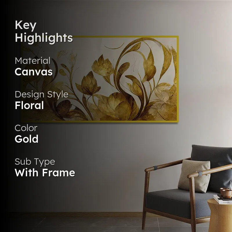 Shades Of Gold Floral Canvas Wall Painting With Frame - Gold media 2