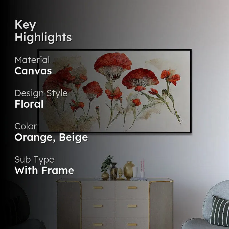 Red Autumn Blooms Floral Canvas Wall Painting With Frame - Black media 2