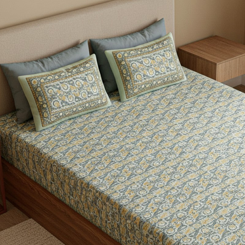 Madhur Cotton Bedsheet (Grey, Yellow) - 180 TC media 3