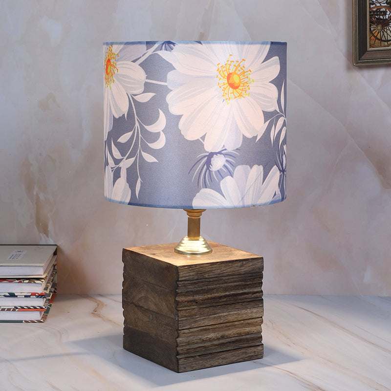 Daisy Blooms Cube Printed Mango Wood Table Lamp - White,Blue,Brown
