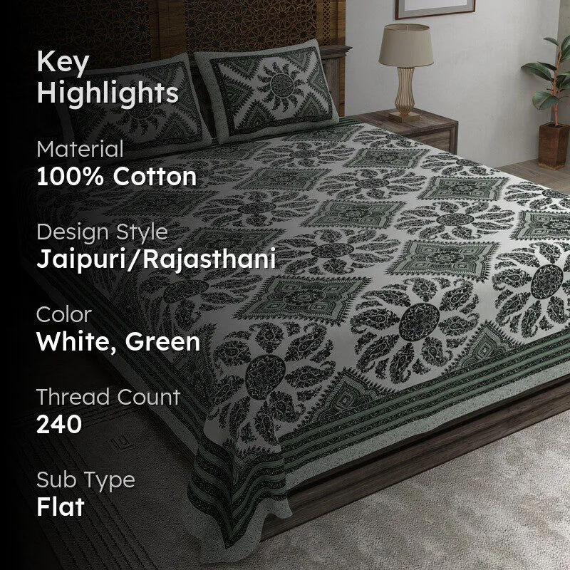 Loomix Cotton Bedsheet (White,Green) - 240 TC media 2