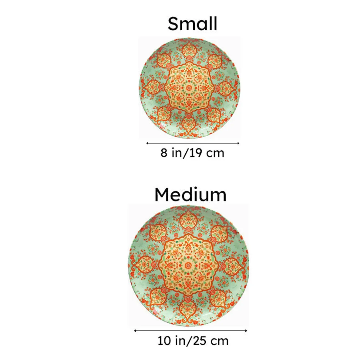 Comparison image showing two round decorative plate sizes