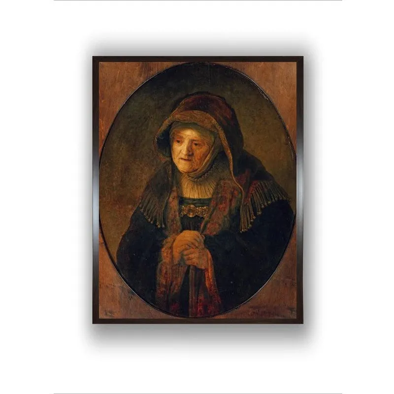 Straight-on product view of a framed portrait canvas painting