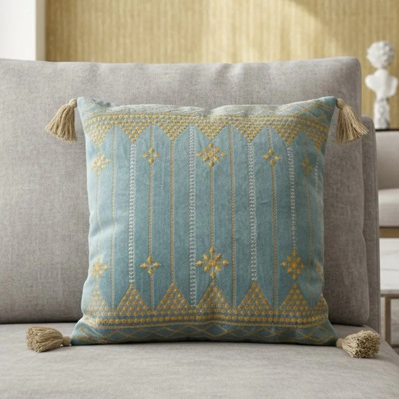 Azure Golden Bloom Embroidered Cushion Cover media 1