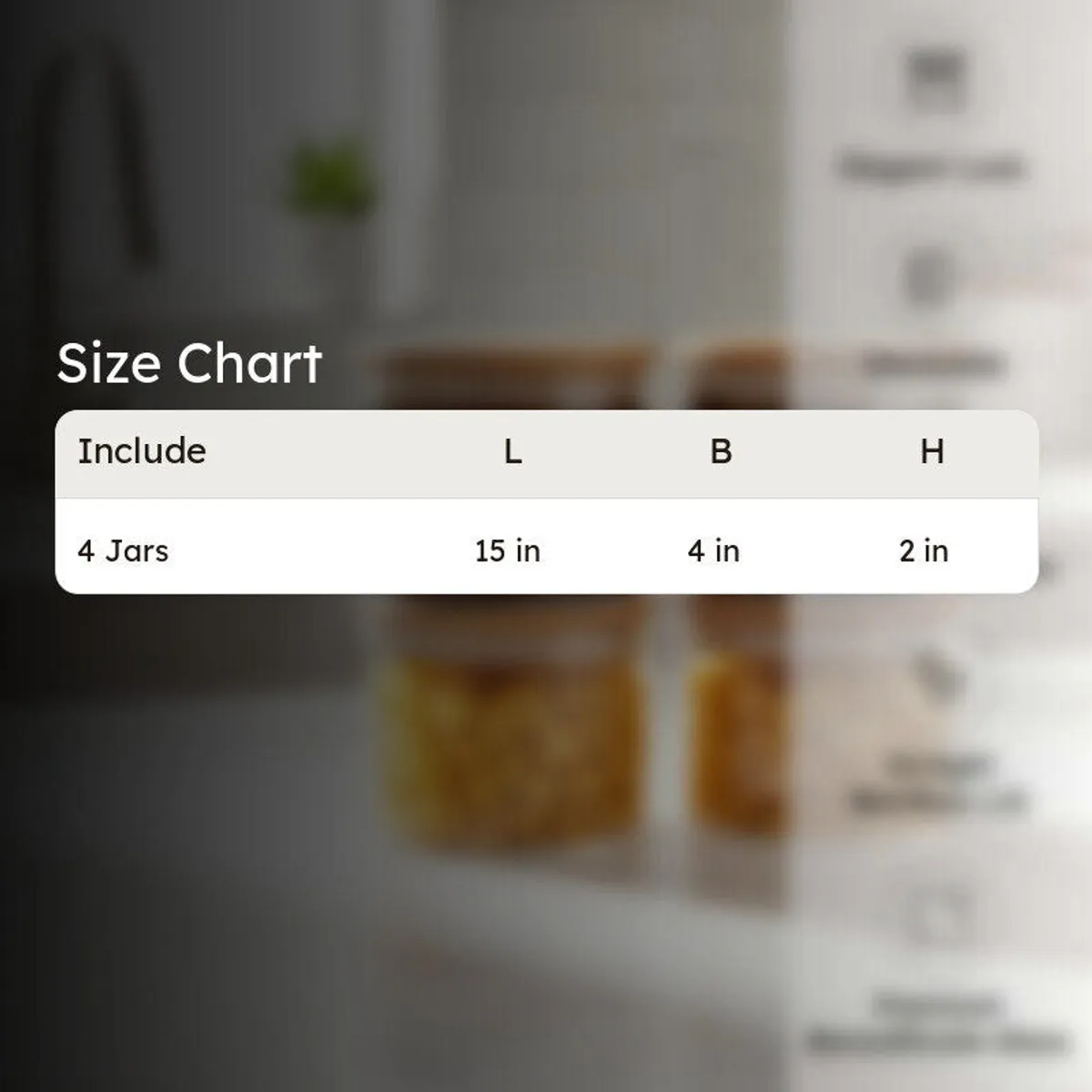 Size chart graphic for four jars with length, breadth and height measurements.
