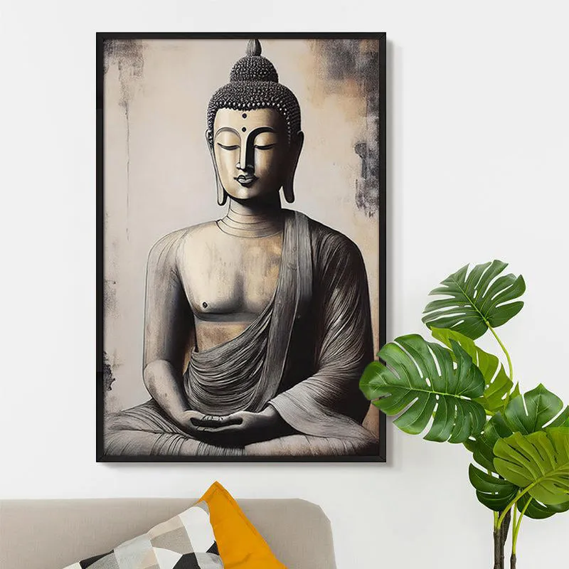 Framed meditation wall painting displayed above a sofa beside green foliage