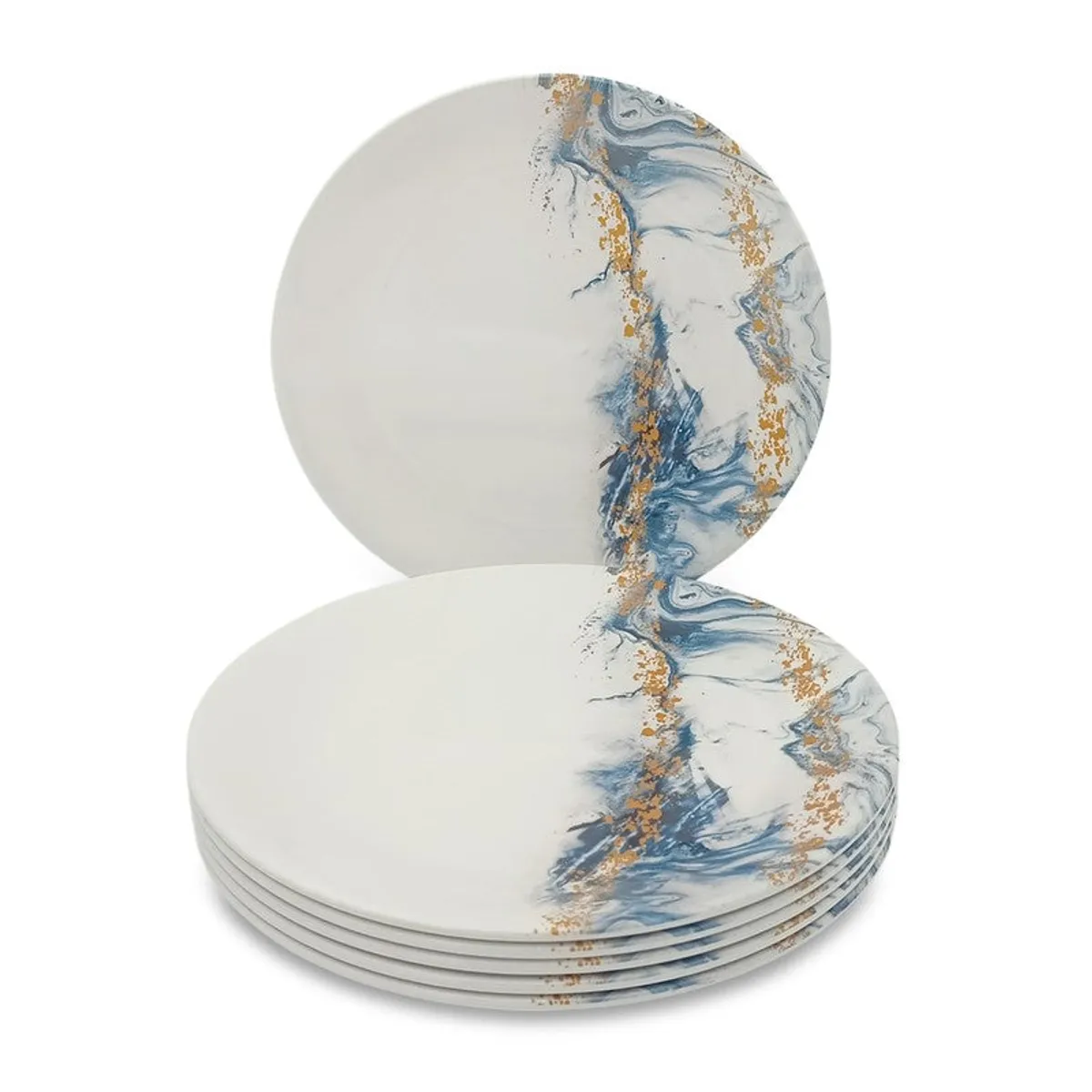 Stack of white round plates featuring blue and gold marbled detailing