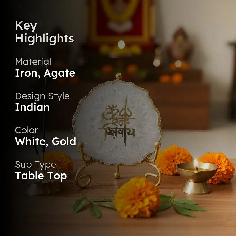 Om Namah Shivay Agate Showpiece With Stand - White media 2