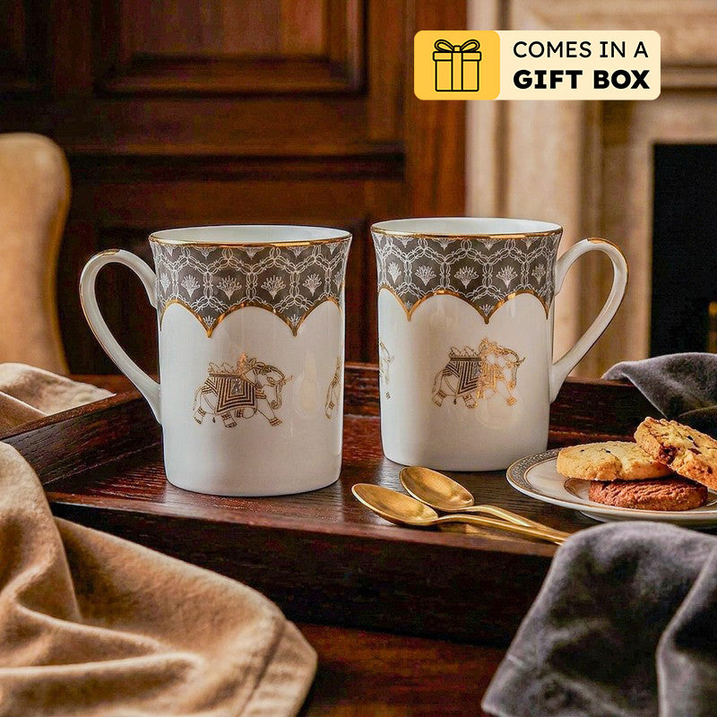Gilded Legacy Classic 24k Gold Brushed Porcelain Coffee Mug(280 mL Each/Grey) - Set Of Two - 280 ML