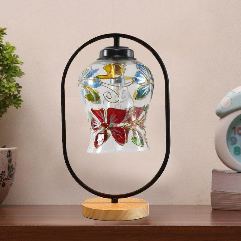 Floral Dazzle Glass Table Lamp with Wooden Base - Multicolor media 3