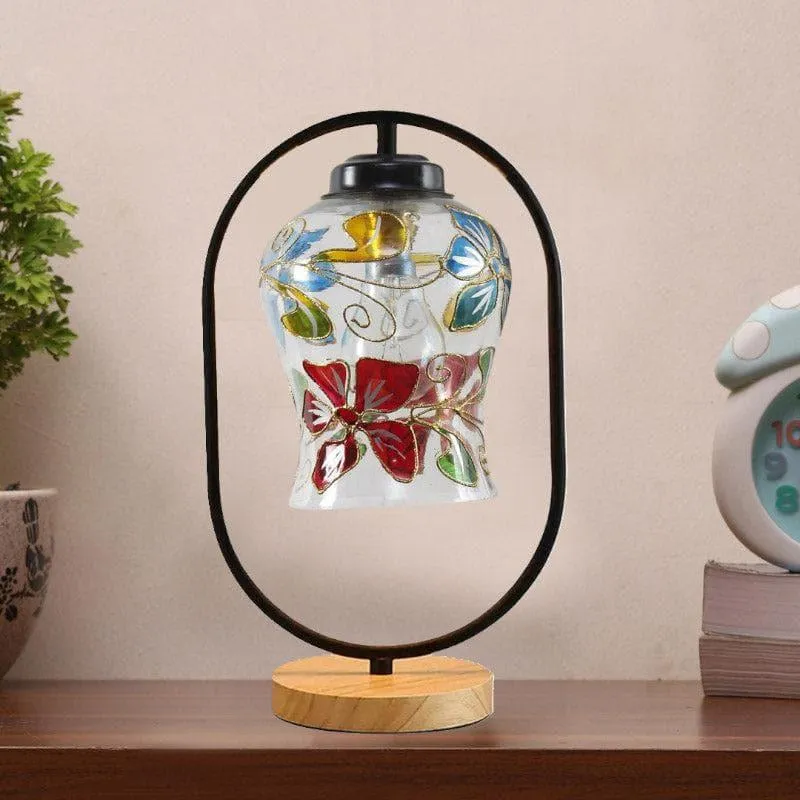 Floral Dazzle Glass Table Lamp with Wooden Base - Multicolor media 3