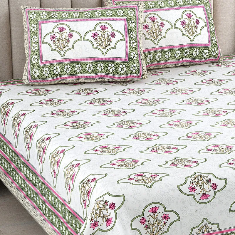 Ishani Cotton Bedsheet (Pink, Green) - 180 TC media 3