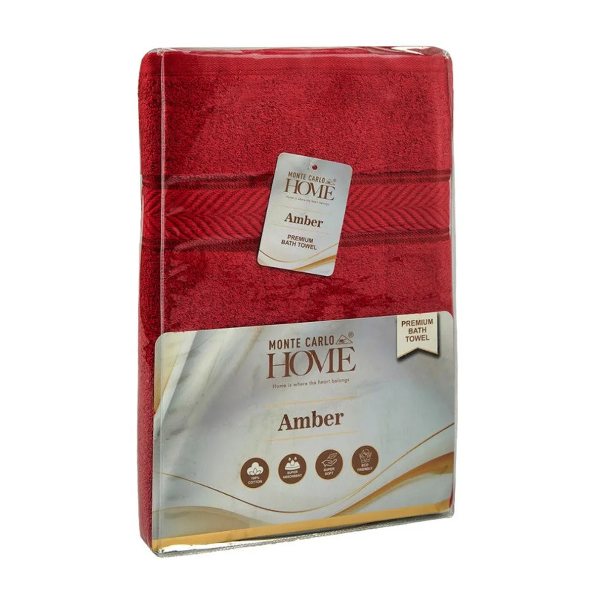 Folded red bath towel showing its label and textured surface