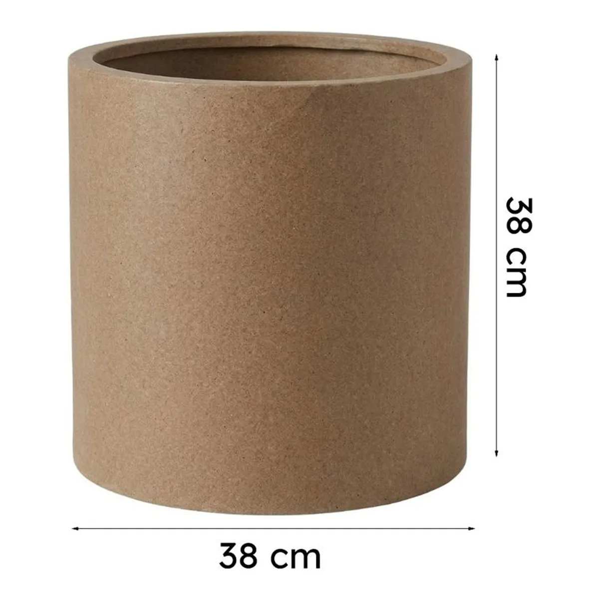Close view of the brown planter showing its cylindrical shape.