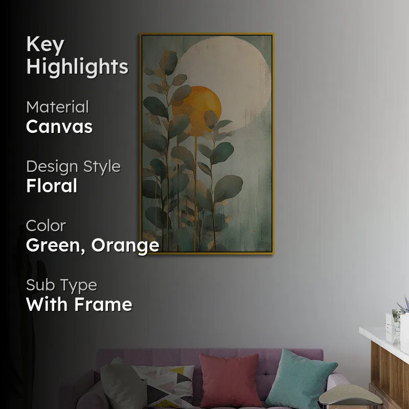 Fading Green Sunset Floral Canvas Wall Painting With Frame - Gold media 2