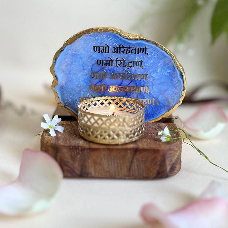 Namokar Mantra Agate Religious Accent With Tea Light Holder - Blue