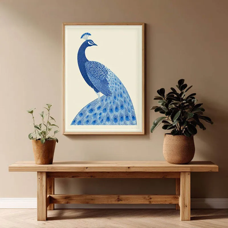 Royal Blue Peacock Canvas Wall Painting With Brown Frame media 5