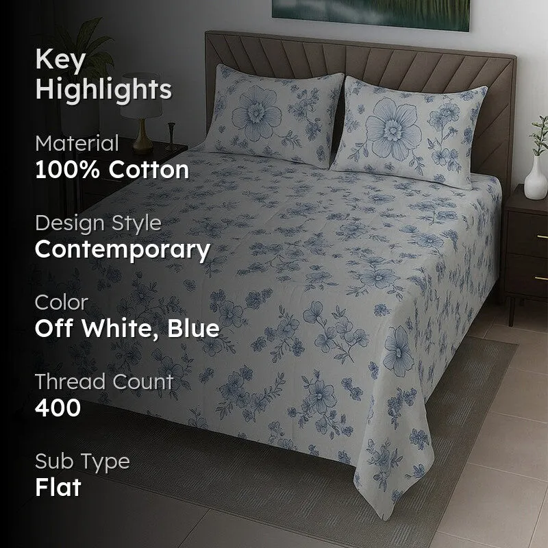 Gentle Petals Cotton Bedsheets (Blue) - 400 TC media 2