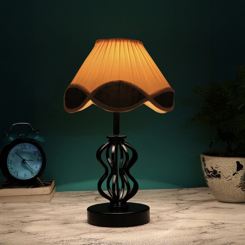 Auretha Cotton Table Lamp With Wooden Base - Ivory