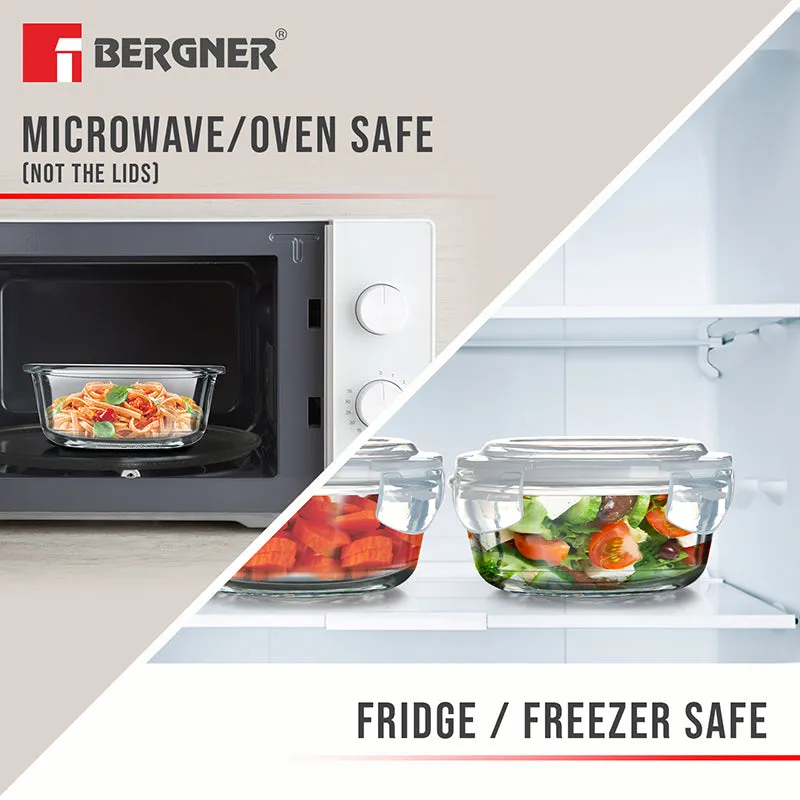 Glass food container shown for microwave, oven, fridge and freezer use