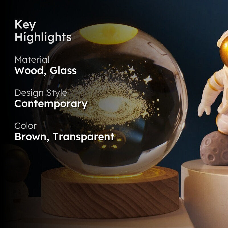 Crystal Ball Galaxy Led Wooden Table Lamp - Brown,Transparent media 2
