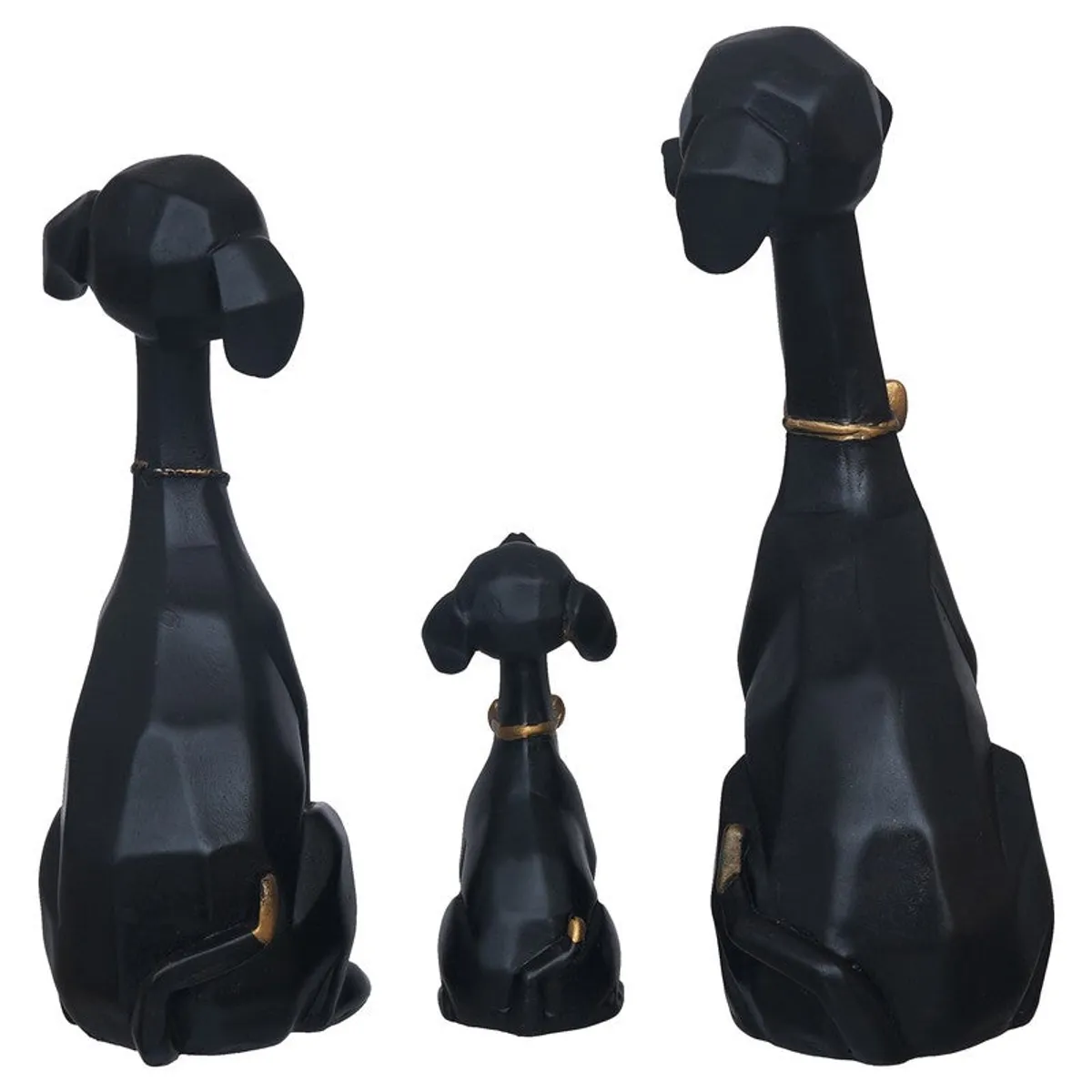 Back view of three black dog figurines with gold accents