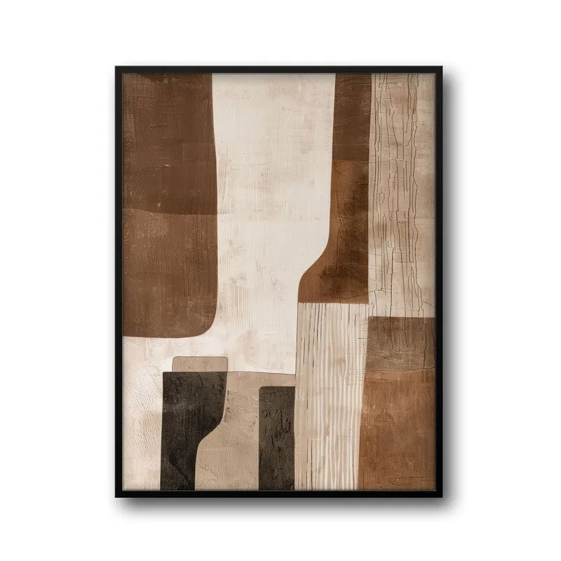 Front view of a framed abstract canvas artwork in beige, brown and black tones.