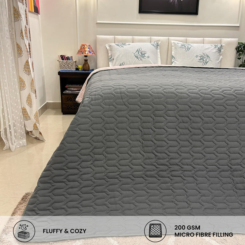 Urban Space Quilted Microfiber Reversible Comforter (Grey, Rose) - 200 GSM media 3