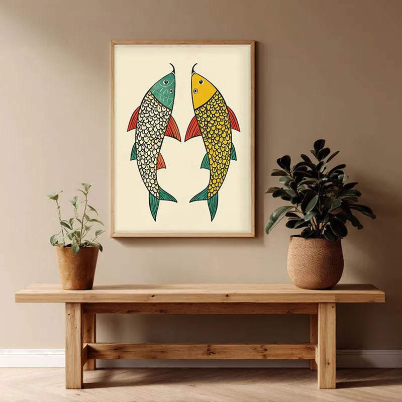 Twin Fish Folk Art Canvas Wall Painting With Brown Frame media 1