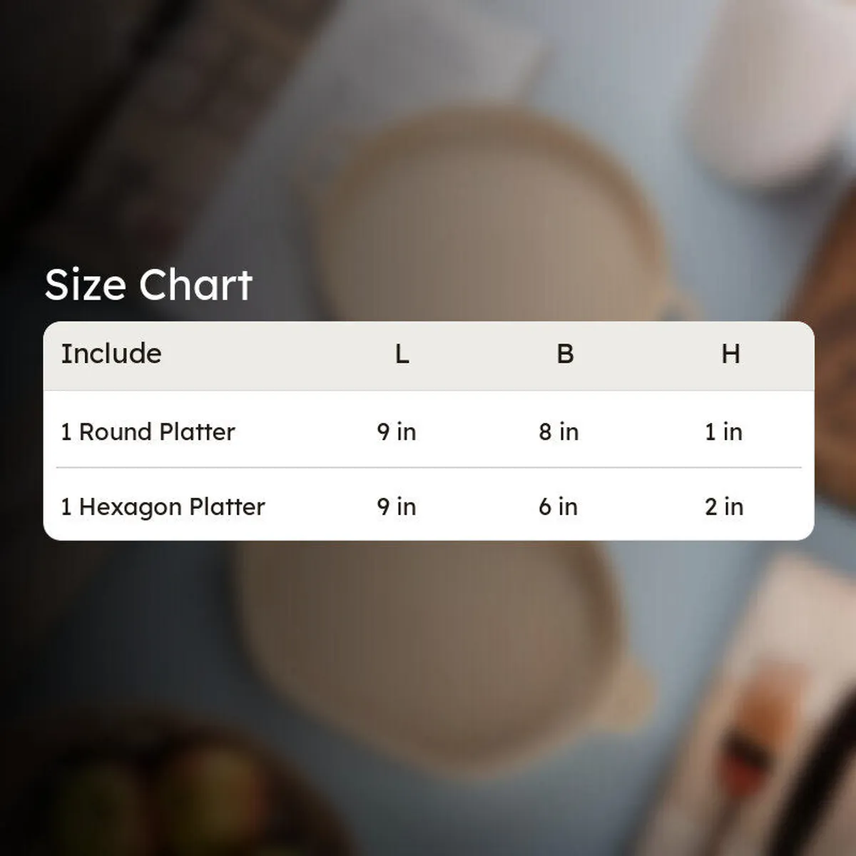 Size chart showing measurements for the round and hexagon platters