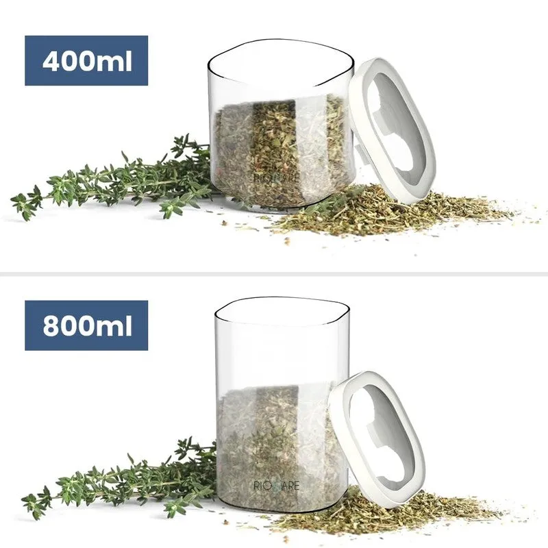 Transparent jars with detached white lids shown with dried herbs in two sizes.