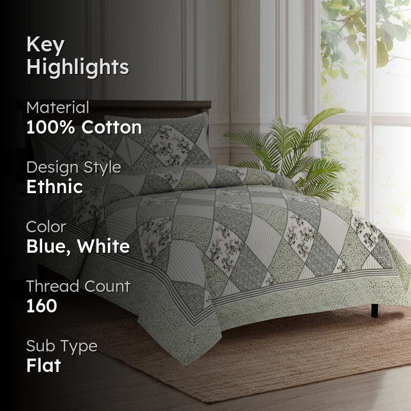 Kedari Ethnic Cotton Bedsheet (Blue,White) - 160 TC media 2