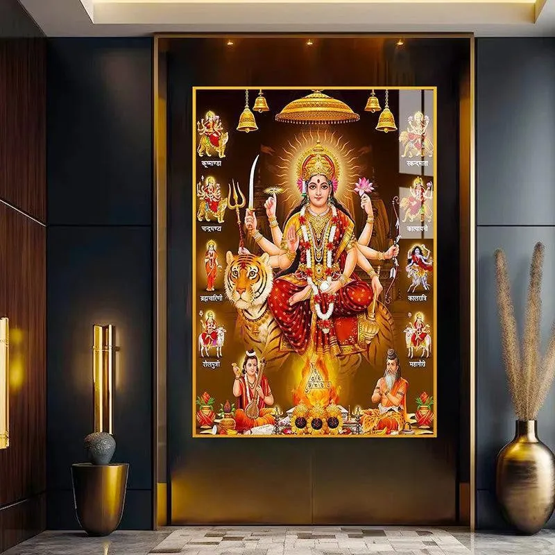 Matha Durga Spiritual Canvas Wall Art With Frame - Gold media 3
