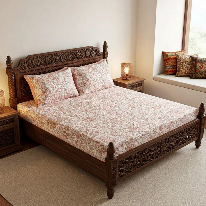 Micola Floral Printed Cotton Bedsheet (Peach) - 120 TC media 1