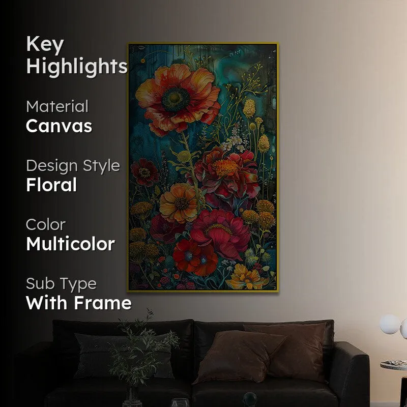 Vibrant Poppy Trance Floral Canvas Wall Painting With Frame - Gold media 2