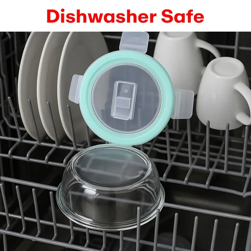 Round glass container and lid placed inside a dishwasher rack