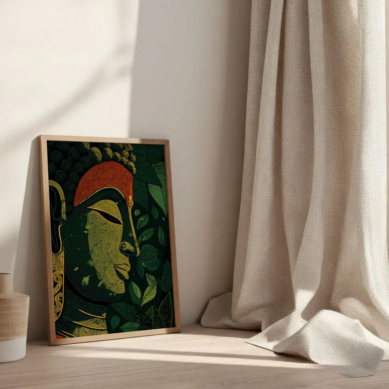 Buddha Of Green Serenity Archival Paper Wall Painting With Brown Frame media 3