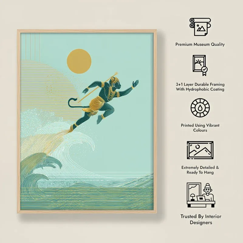 Shri Hanuman Ji Flying Archival Paper Wall Art - Natural Brown Frame media 8