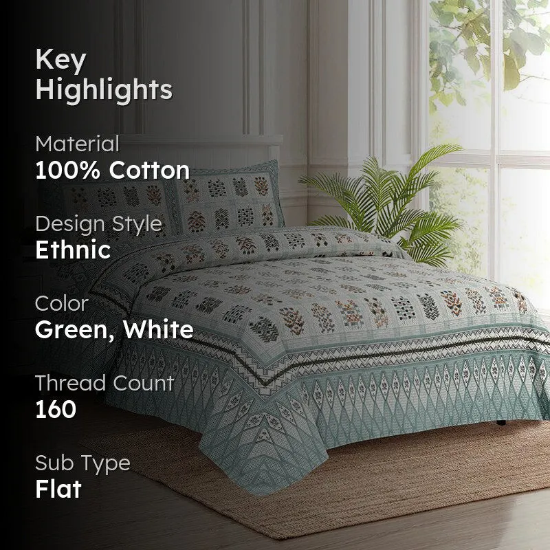 Ishani Breeze Floral Cotton Bedsheet (Green & White) - 160 TC media 2