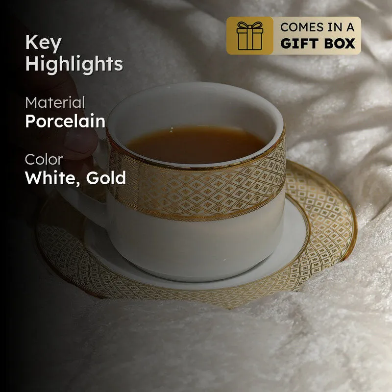 Jewel Cream 24k Gold Brushed Porcelain Tea Cup & Saucer (280 mL) - Set of Six media 2
