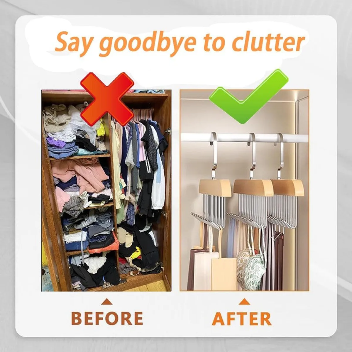 Before and after wardrobe organisation with hanging accessory organisers