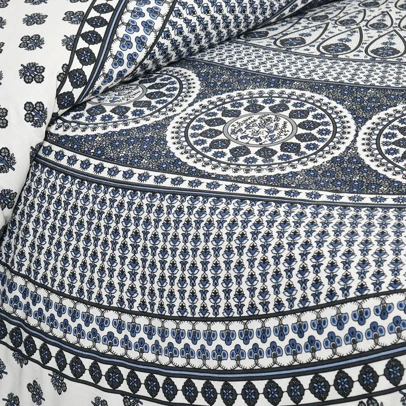 Aavani Ethnic Cotton Flat Bedsheet (White & Blue) - 160 TC media 3