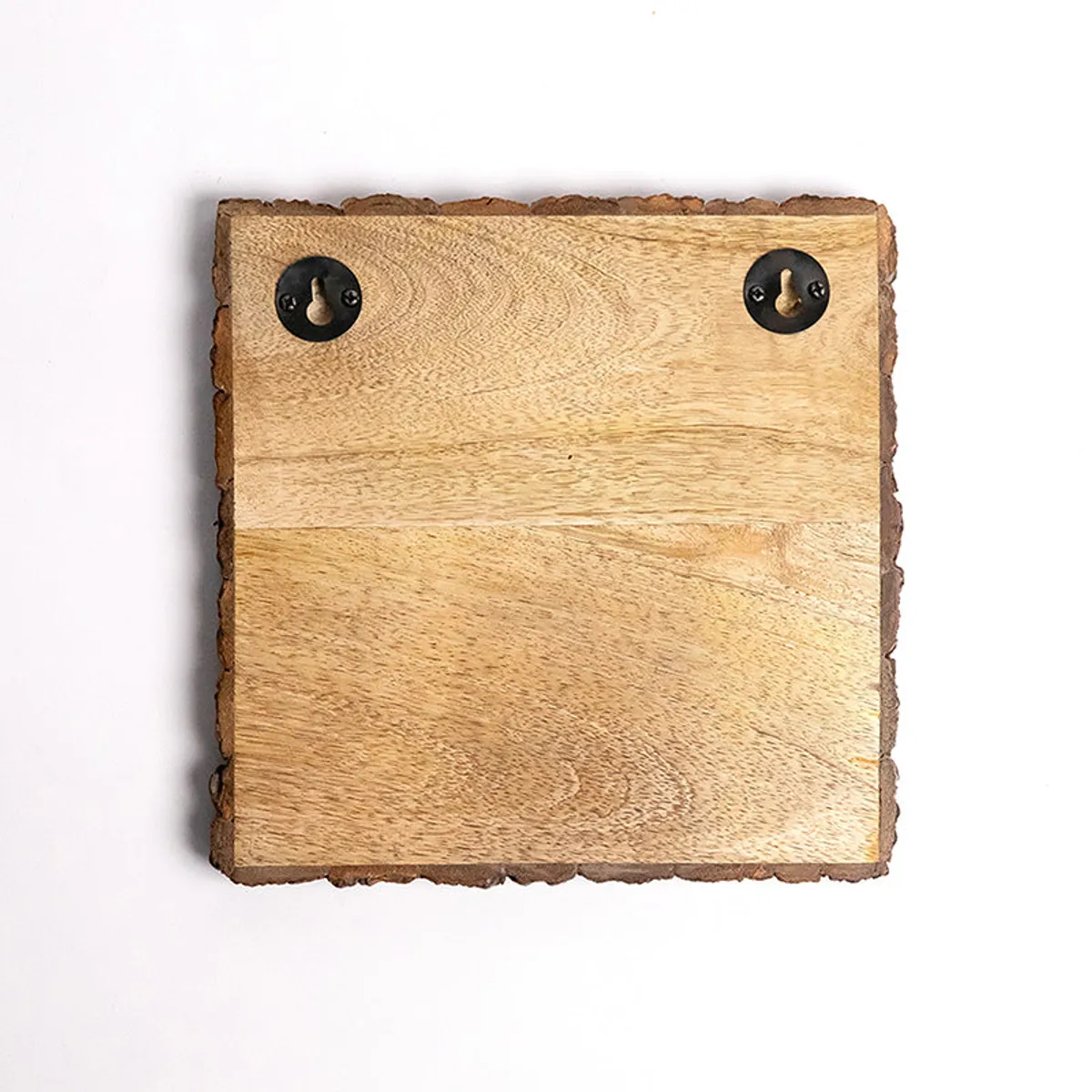 Back view of a square wooden showpiece with two hanging hooks