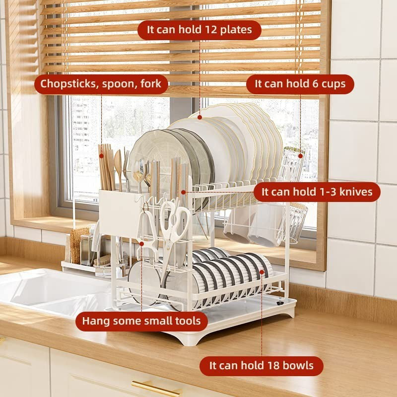 Premium White Double Dish Rack with Drainage - Carbon Steel media 7