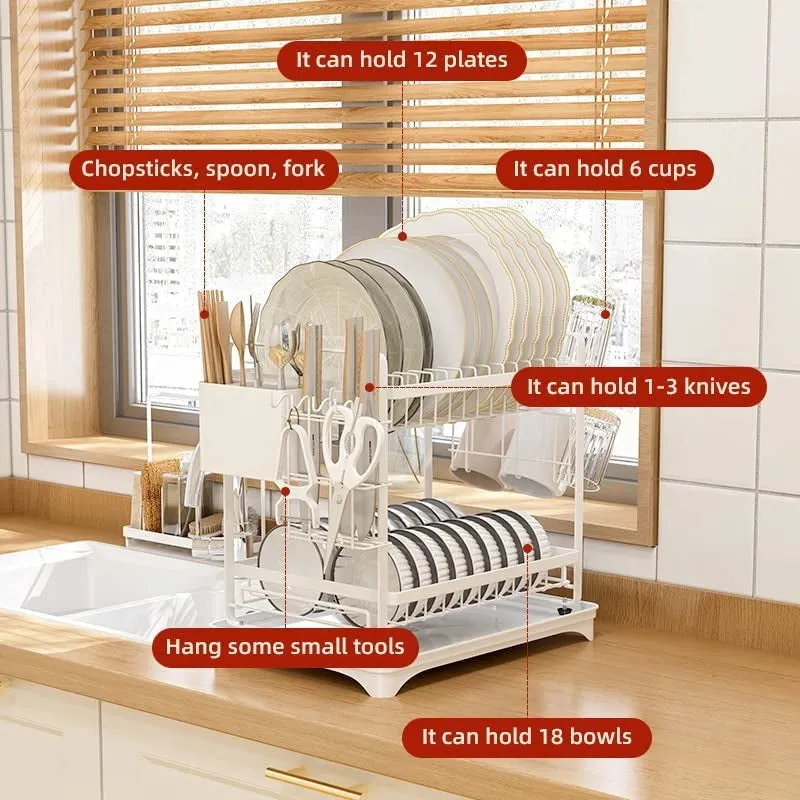 Premium White Double Dish Rack with Drainage - Carbon Steel media 7