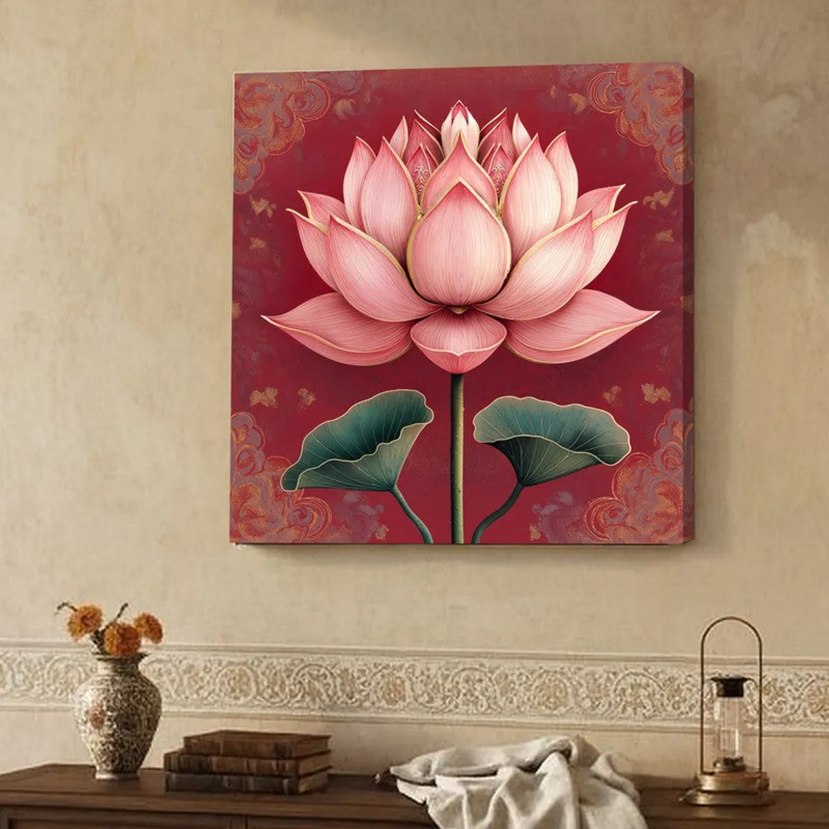 Square lotus canvas wall painting in pink on a deep red background