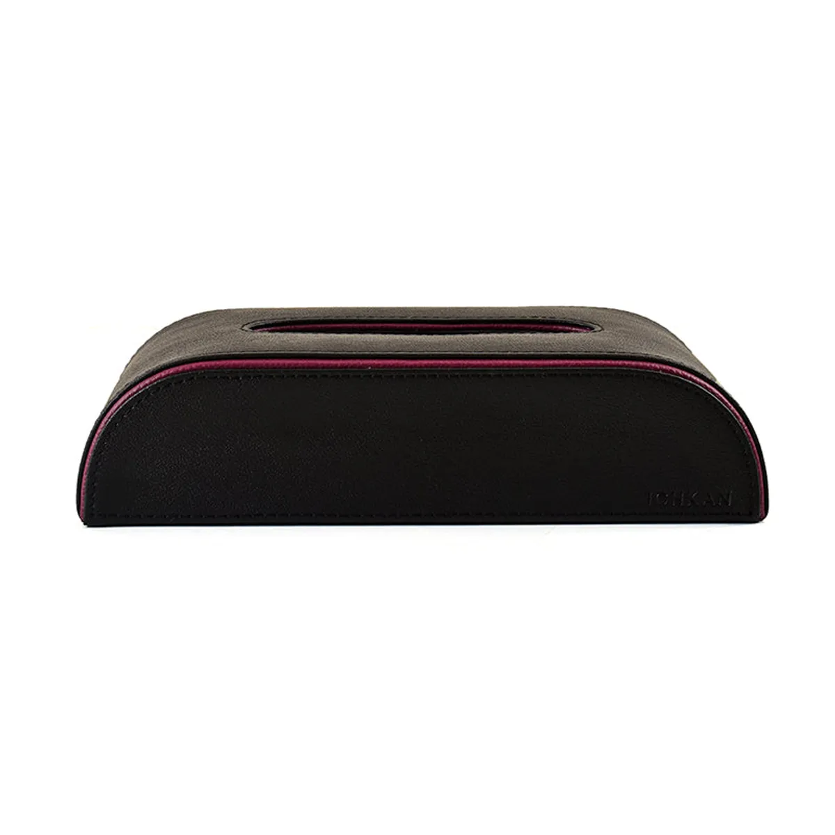 Front view of a black curved tissue holder with maroon edging