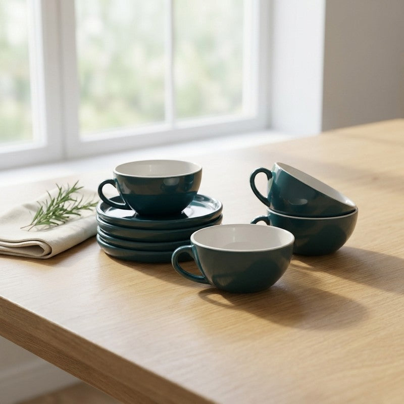 Ceramic Cup & Saucer (Deep Green/240 mL Each) - Set of Four